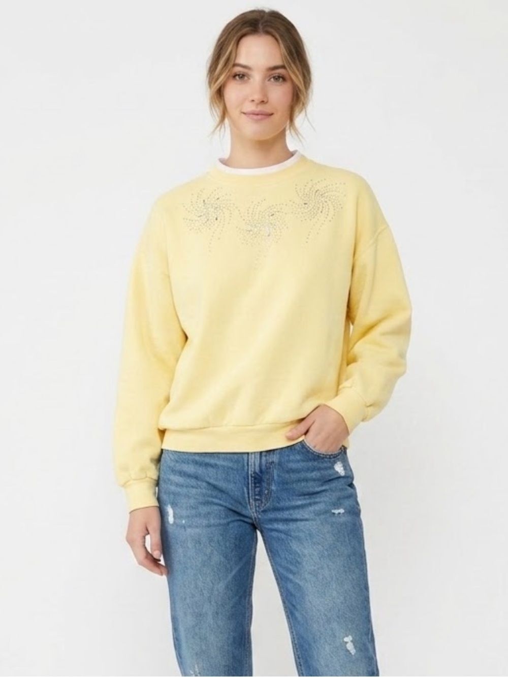 Jerzees Yellow Women's Bedazzled Vintage 80s 90s LS Crewneck Sweatshirt XL